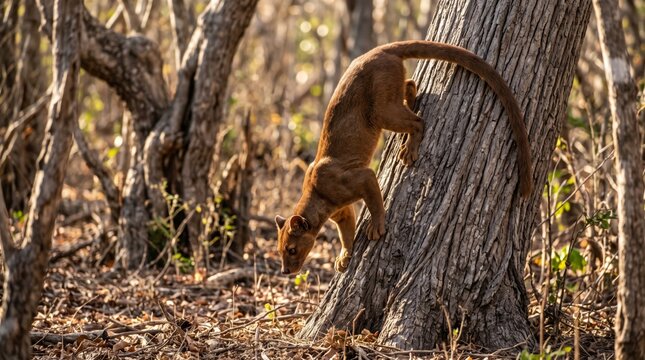 a fossa (cryptoprocta ferox) climbing down a large tree trunk in a dry forest