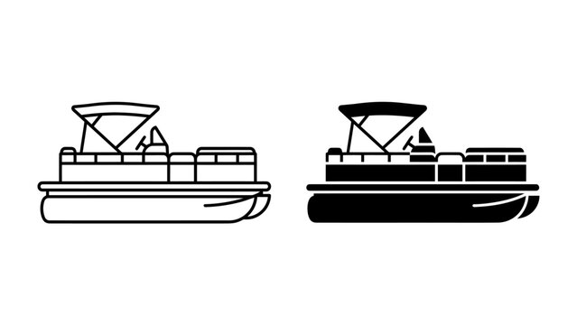 Pontoon Boat Silhouette: A minimalist representation of a pontoon boat in both outline and solid black, showcasing its distinctive deck and canopy structure. A versatile graphic for marine, leisure.