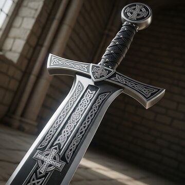 Ornate Medieval Sword Standing Upright in Stone Castle Interior