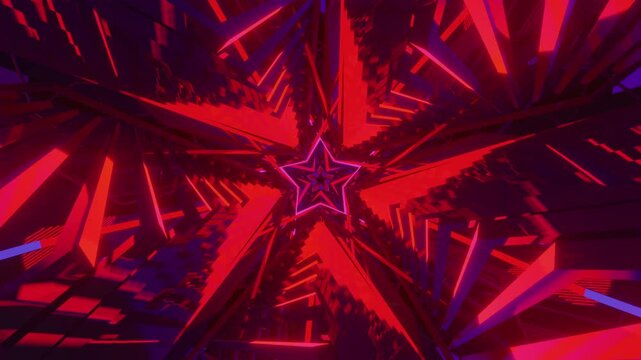 Hypnotic seamless loop of a futuristic geometric tunnel. Abstract digital vortex made of twisting star structures, glowing lattice segments and light lines, creating deep physics science background