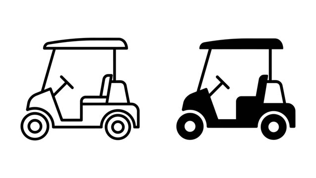 Golf Cart Icons: A simple outline and solid silhouette of a golf cart, representing leisure and sporting activity.