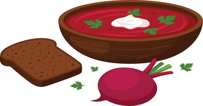 Traditional borscht beetroot soup vector illustration served in a wooden bowl with sour cream parsley and rye bread.