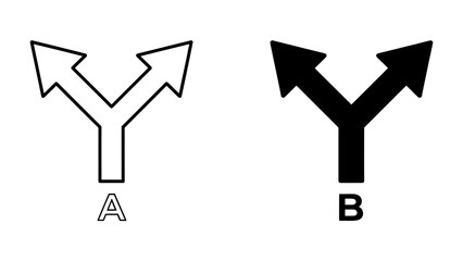 Fork in the Road: Two distinct Y-shaped arrows, one outlined in white labeled 'A' and the other solid black labeled 'B', visually represent a choice or a divergence of paths. © Mohammad