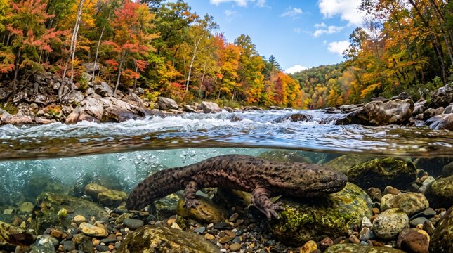 a wild hellbender salamander (cryptobranchus alleganiensis) underwater in a clear river with autumn trees