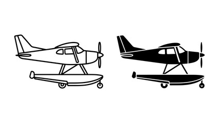 Seaplane Icons: Simple line art and solid silhouette illustrations of a seaplane on floats, ready for water takeoff or landing. © Mahbuba