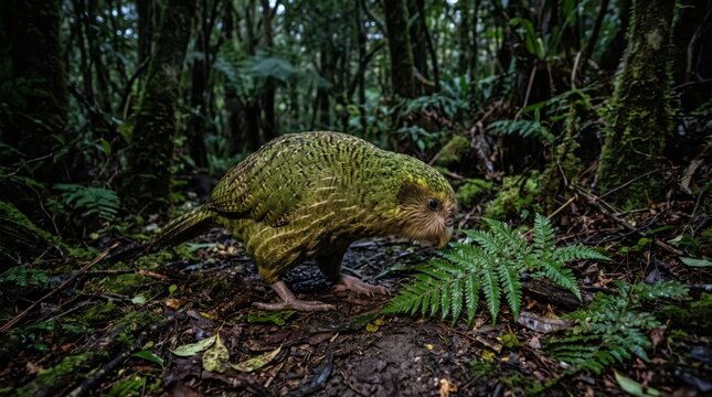 a rare wild kakapo (strigops habroptilus) walking on the dark forest floor next to a green fern