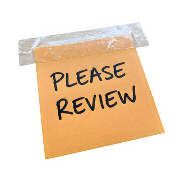 Orange sticky note with please review text