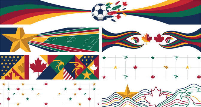 Soccer championship banner and border element set with colorful ribbons stars soccer ball eagle and maple leaf motifs for north american football tournament vector illustration