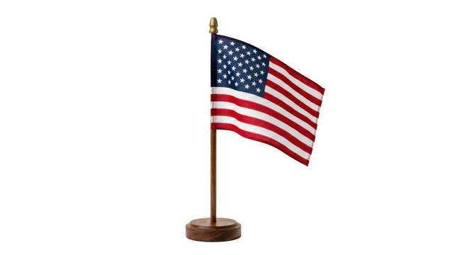 Small american flag on a wooden desk pole stand isolated on transparent background
