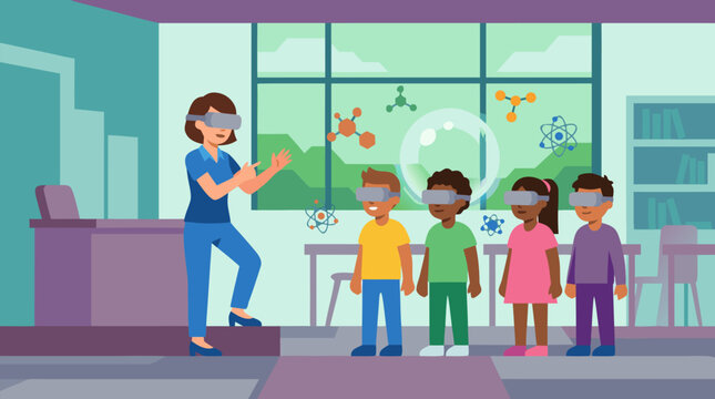 Teacher guides diverse students in a virtual reality science classroom, immersive education vector with holographic atoms, bright lab windows, future learning and STEM discovery tools