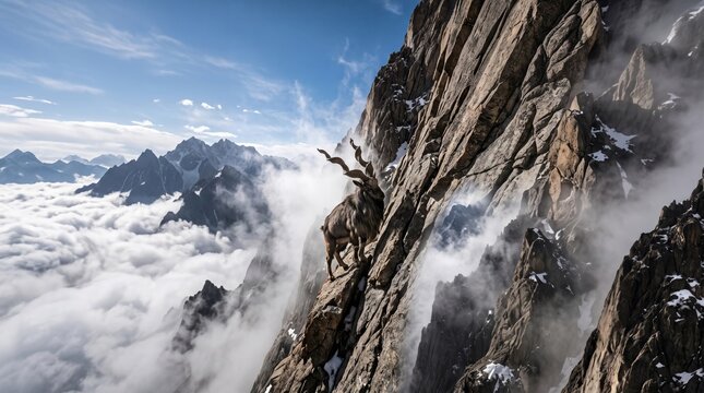 a wild markhor (capra falconeri) standing on a steep rocky cliff high above the clouds