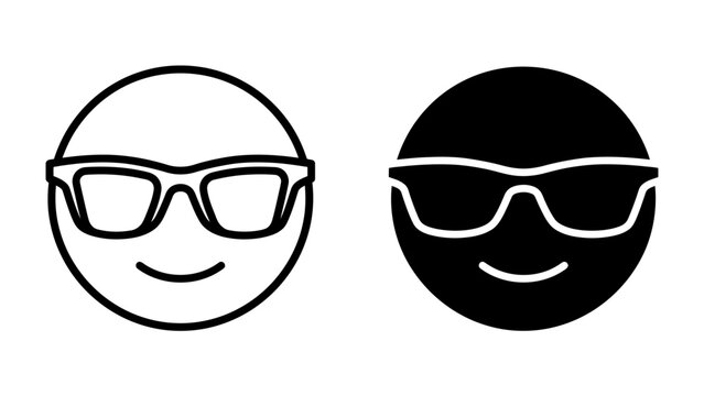 Cool Emoji Duo: A pair of stylized emoji faces, one outlined in black and white and the other a solid black silhouette with white highlights, both sporting trendy sunglasses and subtle smiles.