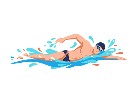A professional male swimmer performing the front crawl stroke in blue water.