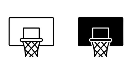 Basketball Hoop Silhouette: A stylized depiction of a basketball hoop and backboard, presented in both outline and solid black silhouette forms, offering a versatile graphic element. © Md