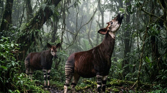 two wild okapis (okapia johnstoni) standing in a lush green rainforest eating leaves