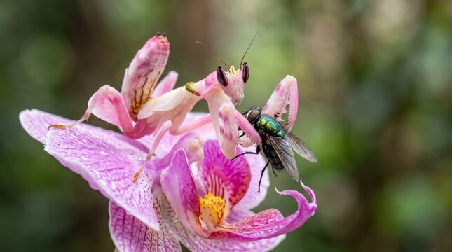 a beautiful pink orchid mantis (hymenopus coronatus) eating a fly on a flower