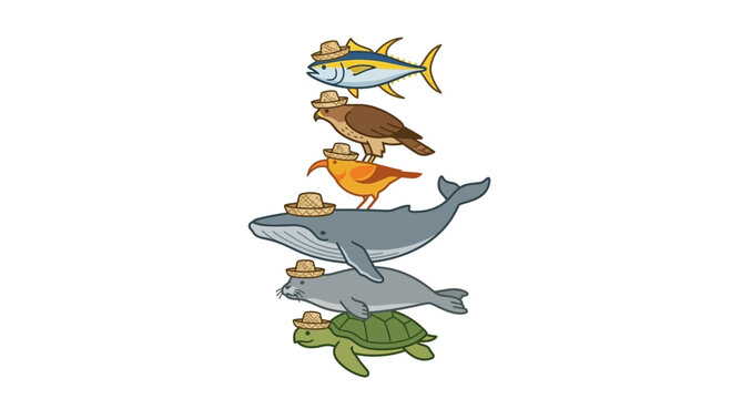 Summer stack of animals with turtle seal whale and fish in hats