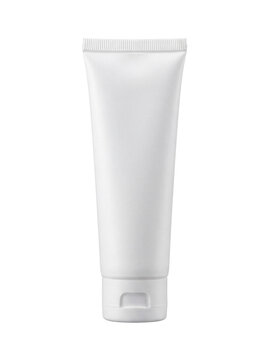 Blank white plastic cosmetic squeeze tube standing upright, ideal for beauty product mockups and branding.