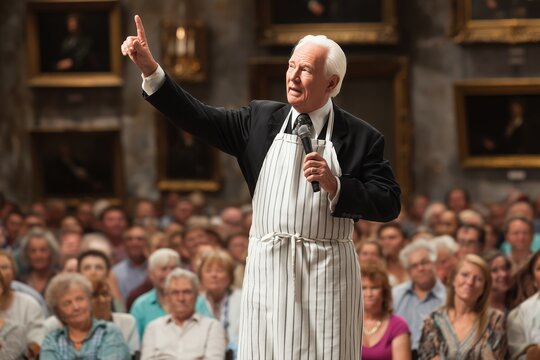 An auctioneer with a microphone conducts the bidding in front of the public, raising their hand and announcing the bids in the tense atmosphere of an art auction.