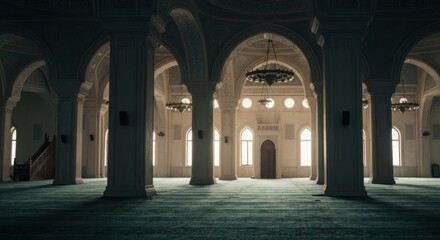 Obraz premium Ornate interior of a grand hall with pillars, arches, and a central door