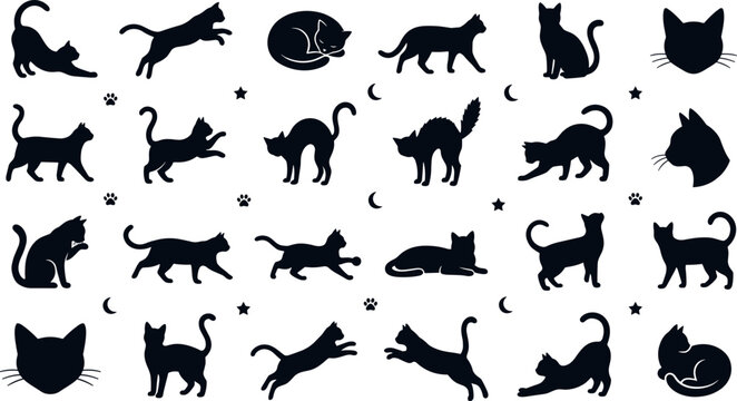 Black Cat Silhouette Icon Set with Various Poses Stretched Jumping Creepy Halloween Cats and Feline Heads for Festive Holiday Corner Graphic Designs