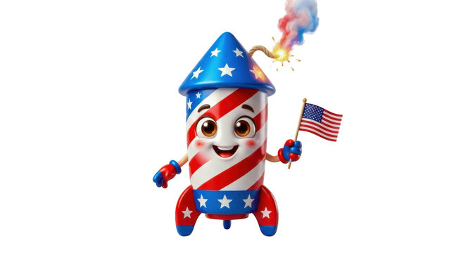 Cute firework rocket character with american flag for july 4th celebration isolated on transparent background