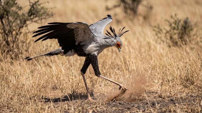 a wild secretary bird (sagittarius serpentarius) stomping the ground in a dry savanna