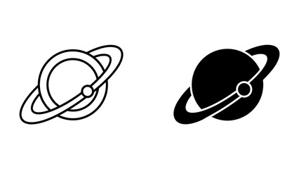Planet Ring Icon Set: A minimalist set of two planet icons, one in outline and the other in silhouette, both featuring prominent rings around a central sphere. © Asma