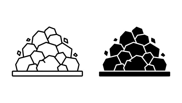 Pile of Stones, Line Art and Solid Icon: Two stylized depictions of a pile of stones, one in outline and the other filled, representing geological formations or raw materials.