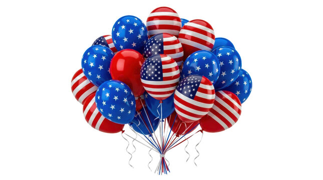 Bunch of patriotic balloons with american flag and star patterns isolated on transparent background