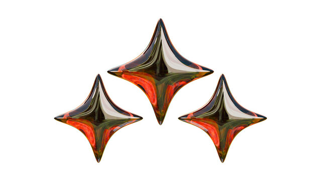 Three shiny metallic star shapes with orange reflections on black background, isolated on transparent background