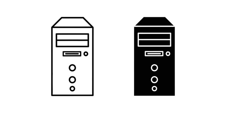 Computer tower pc case icons set, desktop system unit hardware symbols, outline and solid vector illustration