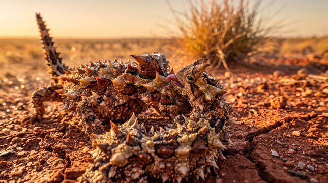 two wild thorny devils (moloch horridus) interacting on the dry red sand in the australian desert