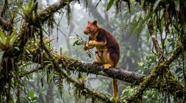 a wild tree kangaroo (dendrolagus matschiei) with a joey in its pouch eating leaves on a rainforest branch