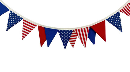 Obraz premium Patriotic bunting flags with red white and blue stars and stripes isolated on transparent background