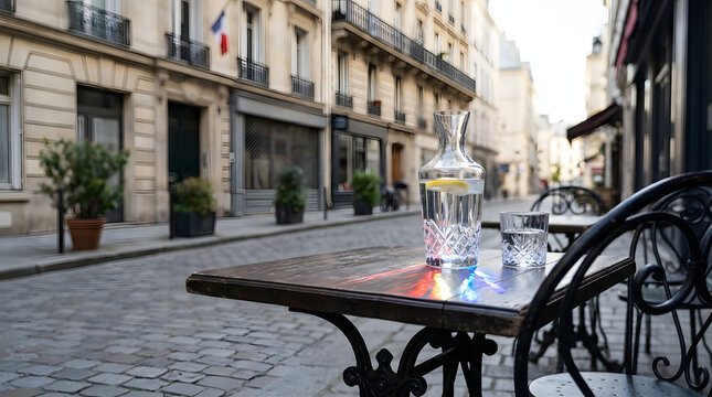 Inviting outdoor cafe table on a charming Paris cobblestone street, ready for a refreshing break.