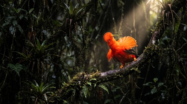 a bright orange andean cock-of-the-rock (rupicola peruvianus) resting on a mossy branch in a sunlit jungle