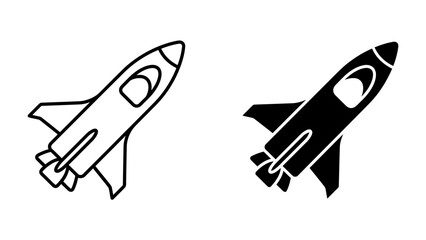 Rocket Ship Silhouette and Line Art: A comparison of two stylized rocket ship icons, one as a clean line drawing and the other as a solid silhouette, representing space exploration and innovation. © Nadim
