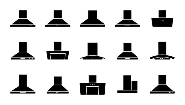 Kitchen Range Hood Vector Icons Set, Modern Appliance Silhouettes for Culinary Design, Ventilation Equipment Collection, Black and White Cooking Exhaust Hoods