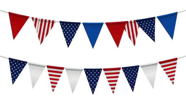 Patriotic red white and blue bunting flags for american holiday decor isolated on transparent background