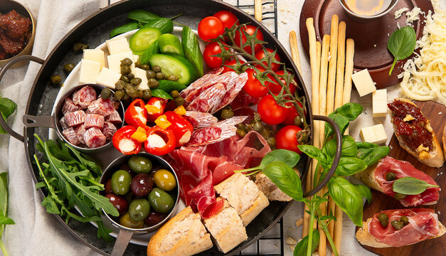 Mediterranean appetizers or antipasto, assorted Italian food.