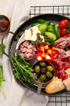 Mediterranean appetizers or antipasto, assorted Italian food.