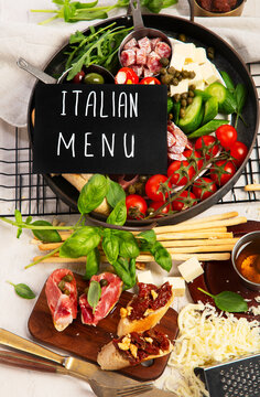Mediterranean appetizers or antipasto, assorted Italian food.
