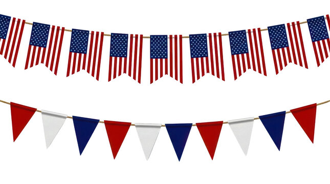American flag bunting and red white and blue party pennant flags isolated on transparent background