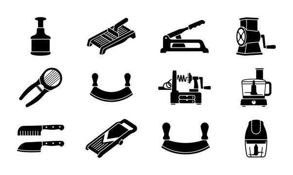 Kitchen Gadgets Vector Icons Set: Food Prep Tools, Slicers, Choppers, Knives, and Grinders for Culinary Design