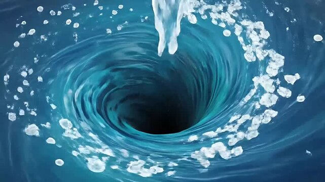 A powerful blue water vortex swirls with floating white bubbles