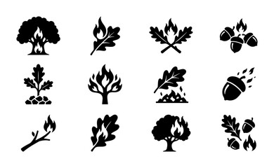 Fototapeta premium Oak Tree and Acorn Fire Icons, Forest Wildfire Danger Symbols, Nature Blaze Vector Graphics Set