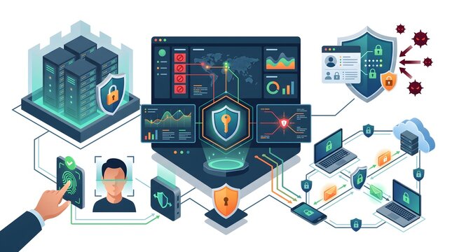 Enterprise Cyber Defense System Premium Flat Vector Illustration with Secure Servers, Biometric Authentication, Encrypted Communication, Privacy Protection & Cybersecurity Dashboard Isolated on White