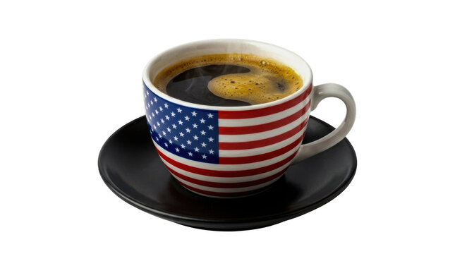 Black coffee in a cup with an american flag design on a black saucer isolated on transparent background