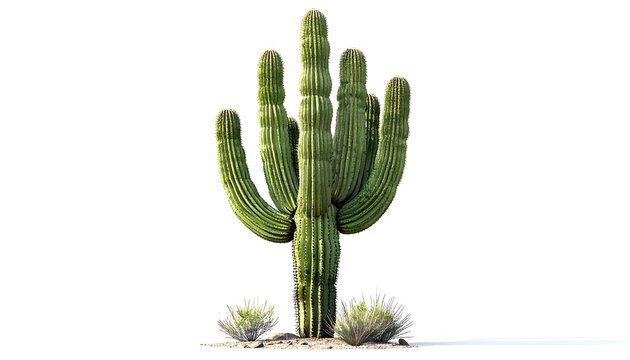 A vibrant, tall green desert cactus, its segmented arms reaching upwards, isolated on a white backdrop with small desert plants